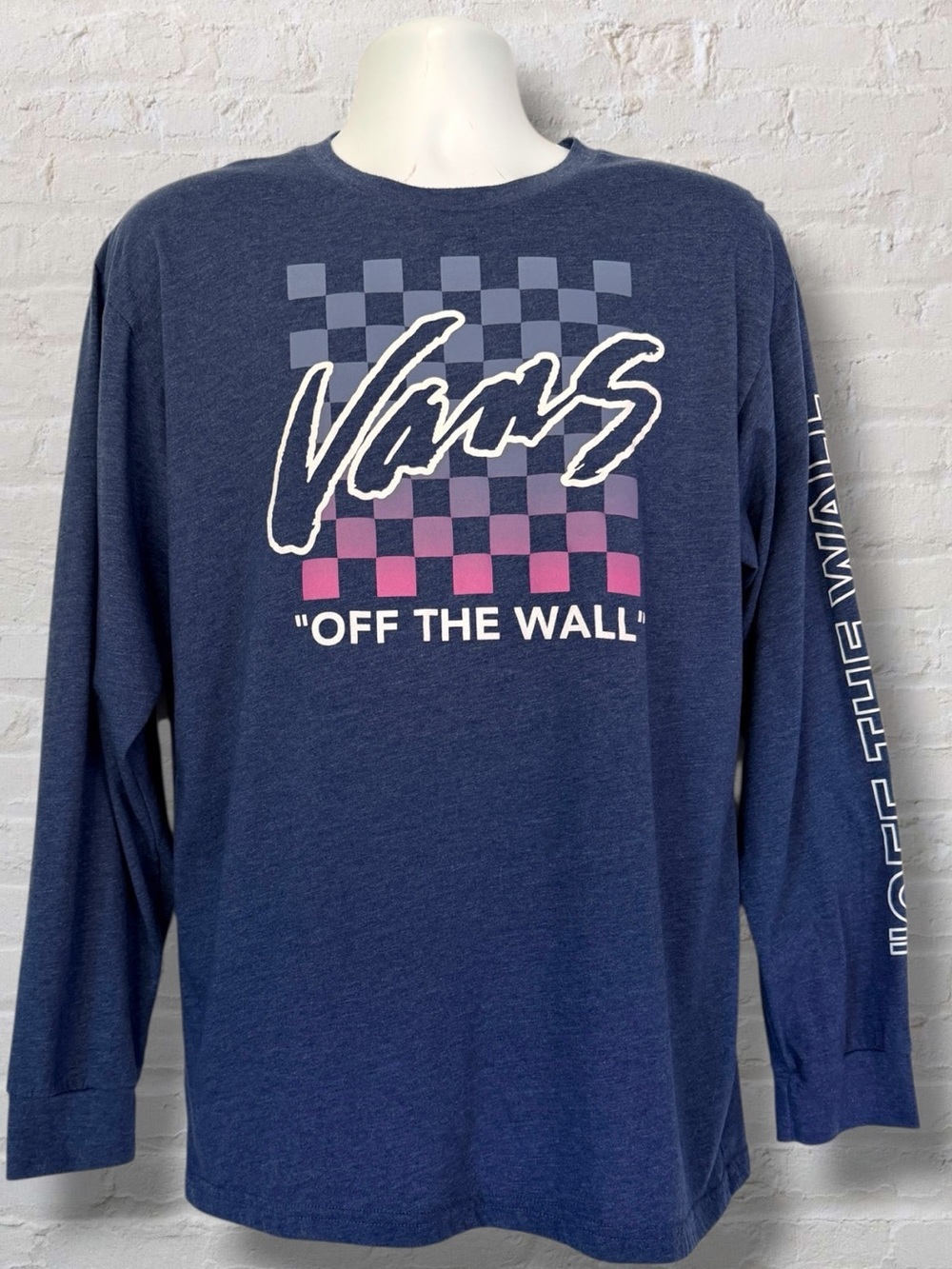 Vans Off The Wall Long Sleeve Graphic T-Shirt Blue Checkerboard Logo Mens Large